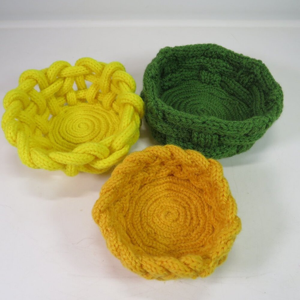 Fall (3) Baskets hand knit & woven Round Orange, Yellow, Green Organic Modern